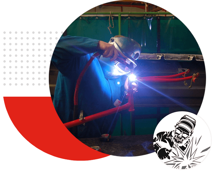 An image of a man welding with a red and white background.